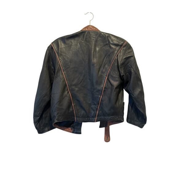 Vintage Butter Soft Black Leather Moto Jacket Brown Trim Quiet Luxury Minimalist - Picture 6 of 16